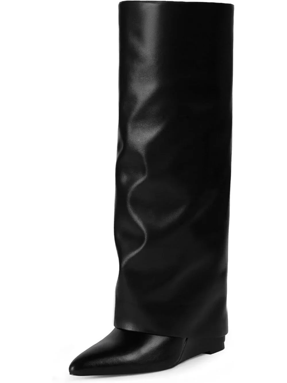Women's Black Pu Wedge Heel Pointed Toe Faux Leather Over The Knee Boots